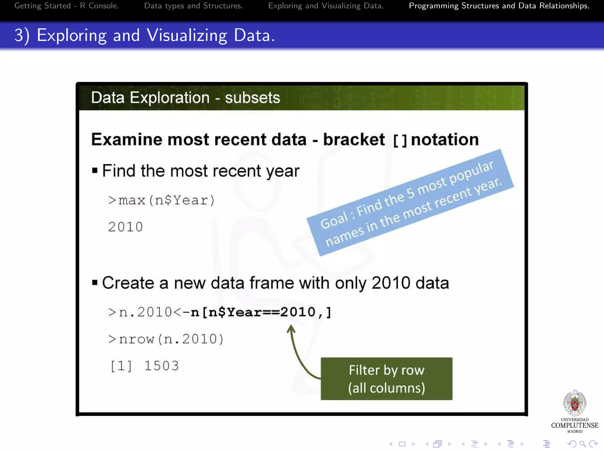 Getting Started - R Console. Data types and Structures. Exploring and Visualizing Data. 3) Exploring and Visualizing Data. Programming Structures and Data Relationships. 