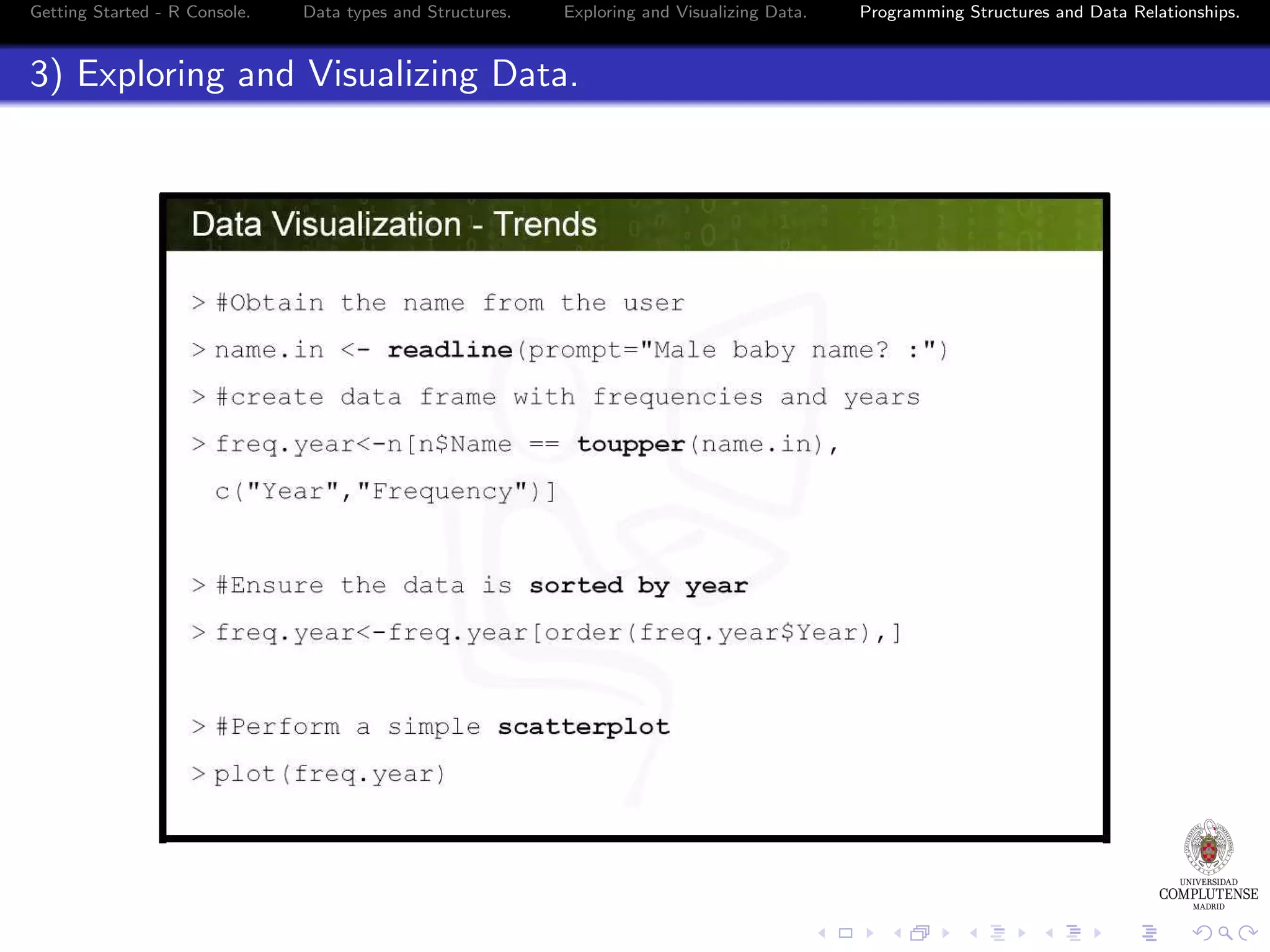 Getting Started - R Console. Data types and Structures. Exploring and Visualizing Data. 3) Exploring and Visualizing Data. Programming Structures and Data Relationships. 