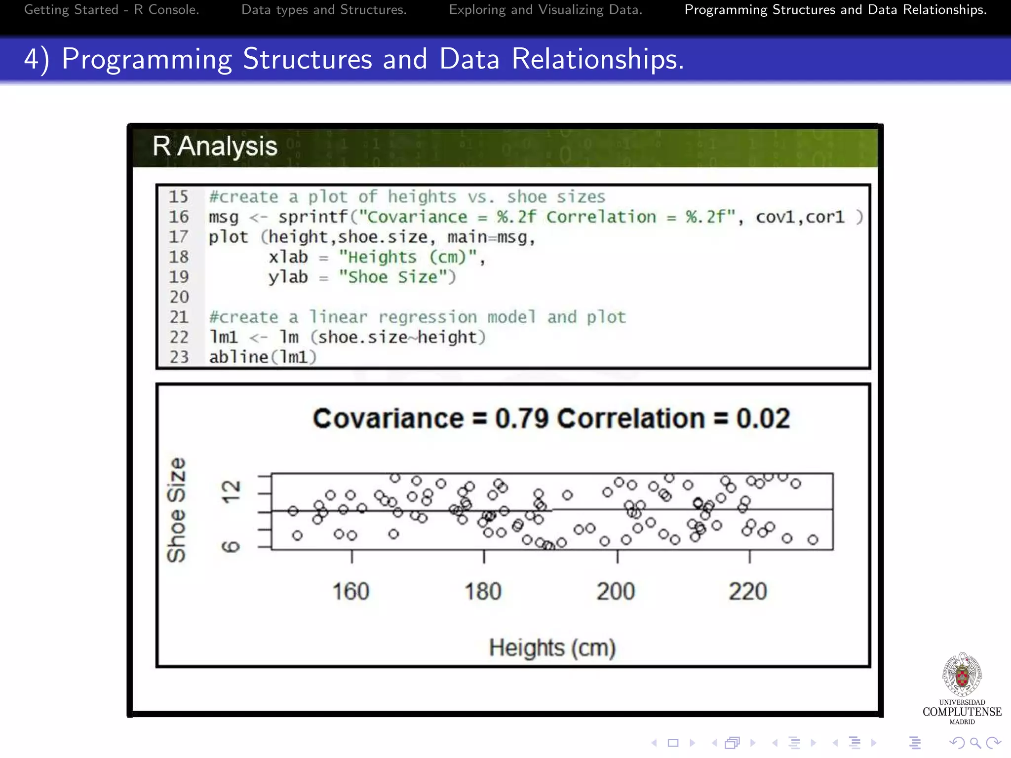 Getting Started - R Console. Data types and Structures. Exploring and Visualizing Data. Programming Structures and Data Relationships. 4) Programming Structures and Data Relationships. 