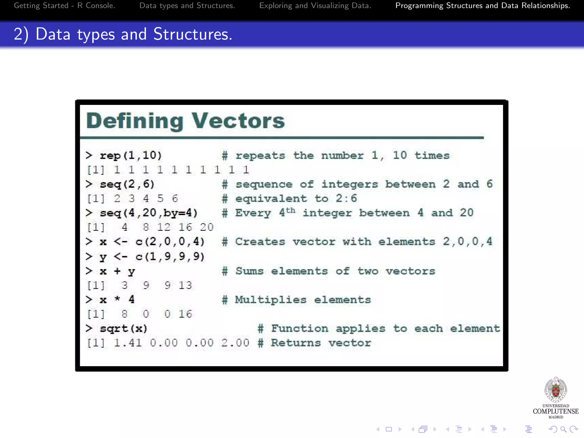 Getting Started - R Console. Data types and Structures. 2) Data types and Structures. Exploring and Visualizing Data. Programming Structures and Data Relationships. 