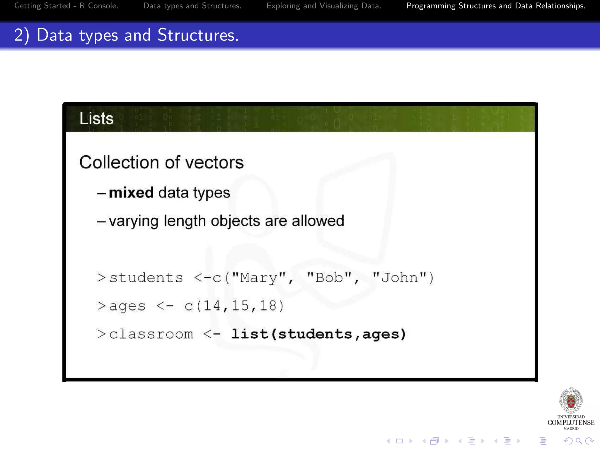 Getting Started - R Console. Data types and Structures. 2) Data types and Structures. Exploring and Visualizing Data. Programming Structures and Data Relationships. 