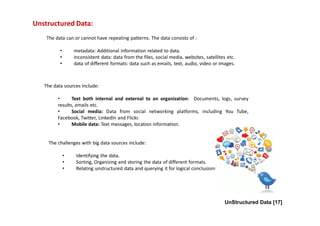Unstructured Data:
The data can or cannot have repeating patterns. The data consists of :
• metadata: Additional information related to data.
• inconsistent data: data from the files, social media, websites, satellites etc.
• data of different formats: data such as emails, text, audio, video or images.
The data sources include:
• Text both internal and external to an organization: Documents, logs, survey
results, emails etc.
• Social media: Data from social networking platforms, including You Tube,
Facebook, Twitter, LinkedIn and Flickr.
• Mobile data: Text messages, location information.
The challenges with big data sources include:
• Identifying the data.
• Sorting, Organizing and storing the data of different formats.
• Relating unstructured data and querying it for logical conclusions.
UnStructured Data [17]
 