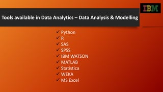 Tools available in Data Analytics – Data Analysis & Modelling
 Python
 R
 SAS
 SPSS
 IBM WATSON
 MATLAB
 Statistica
 WEKA
 MS Excel
 