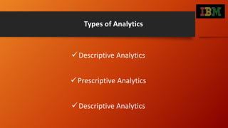 Types of Analytics
Descriptive Analytics
Prescriptive Analytics
Descriptive Analytics
 