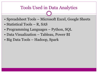Tools Used in Data Analytics
• Spreadsheet Tools – Microsoft Excel, Google Sheets
• Statistical Tools – R, SAS
• Programming Languages – Python, SQL
• Data Visualization – Tableau, Power BI
• Big Data Tools – Hadoop, Spark
 