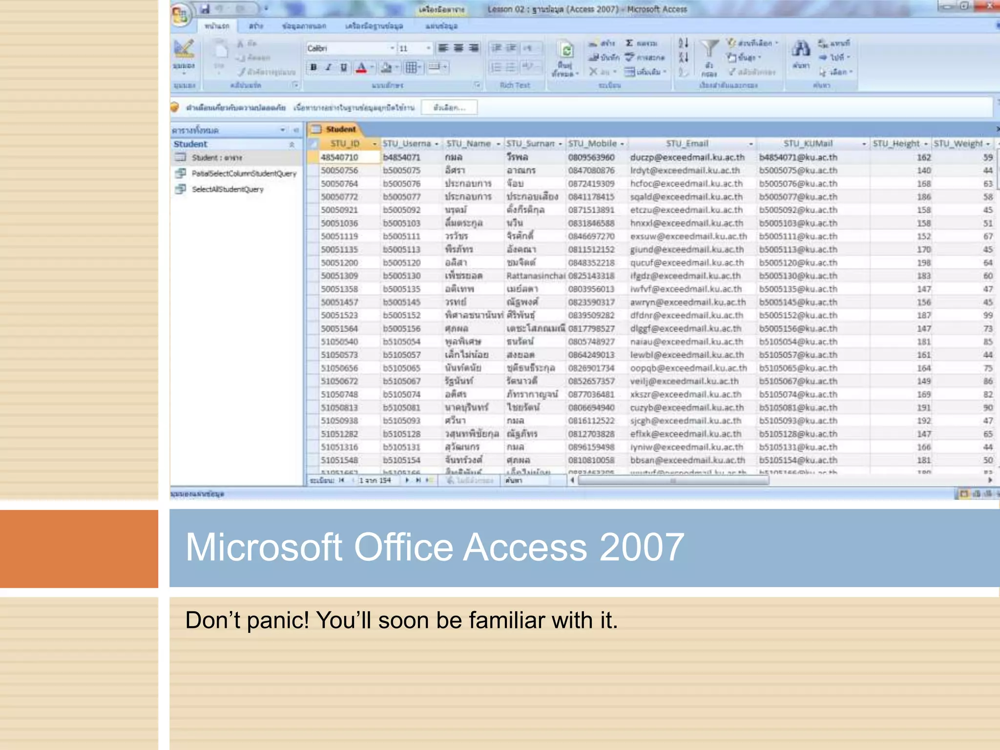 Don’t panic! You’ll soon be familiar with it.Microsoft Office Access 2007