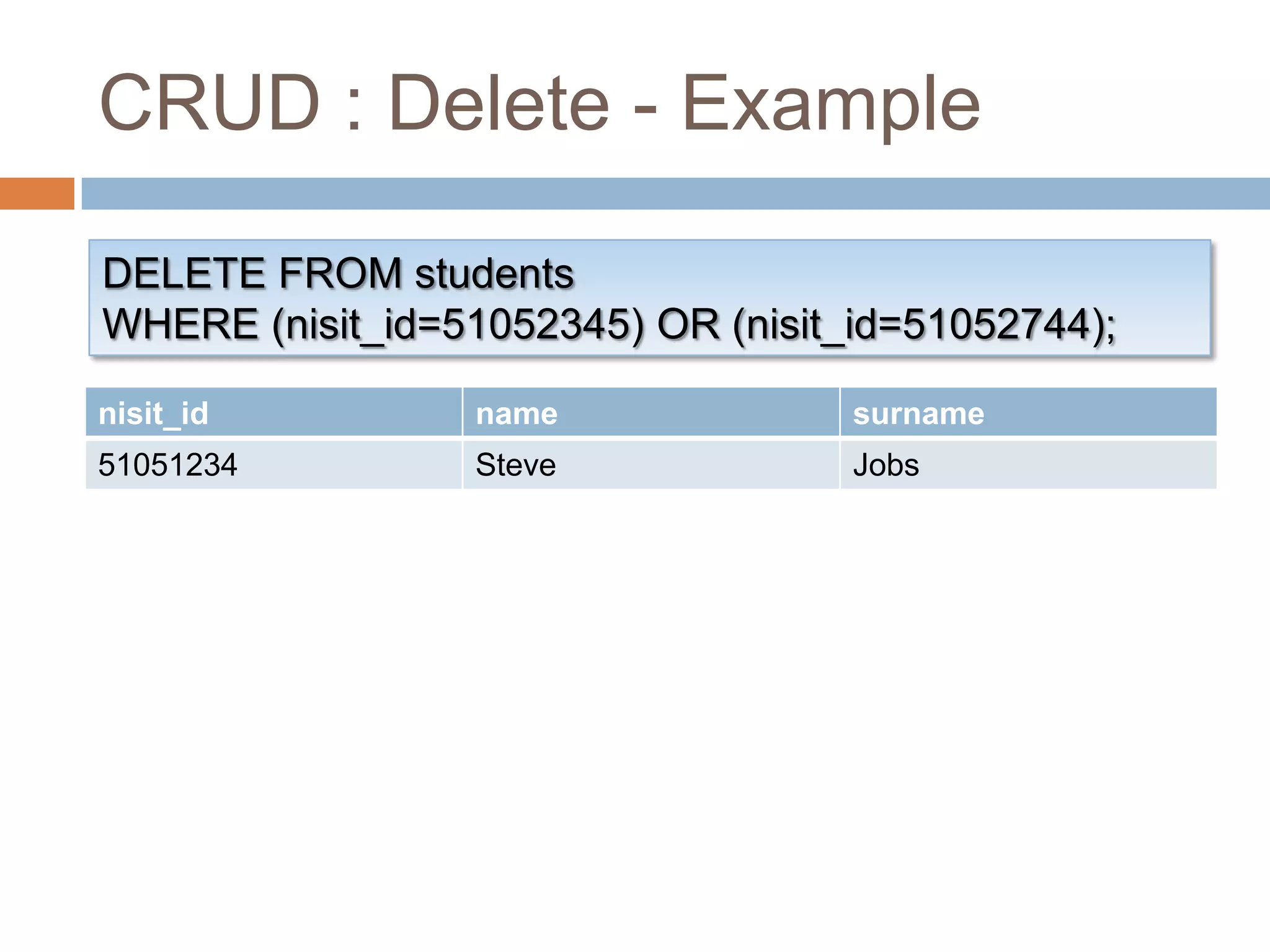 CRUD : Delete - ExampleDELETE FROM studentsWHERE (nisit_id=51052345) OR (nisit_id=51052744);