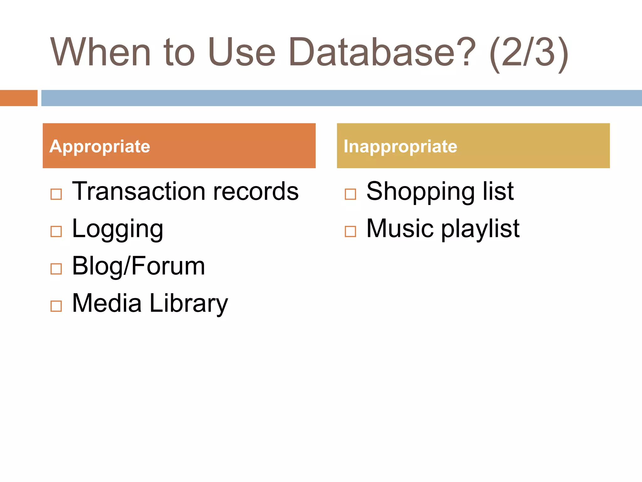 When to Use Database? (2/3)Transaction recordsLoggingBlog/ForumMedia LibraryShopping listMusic playlistAppropriateInappropriate