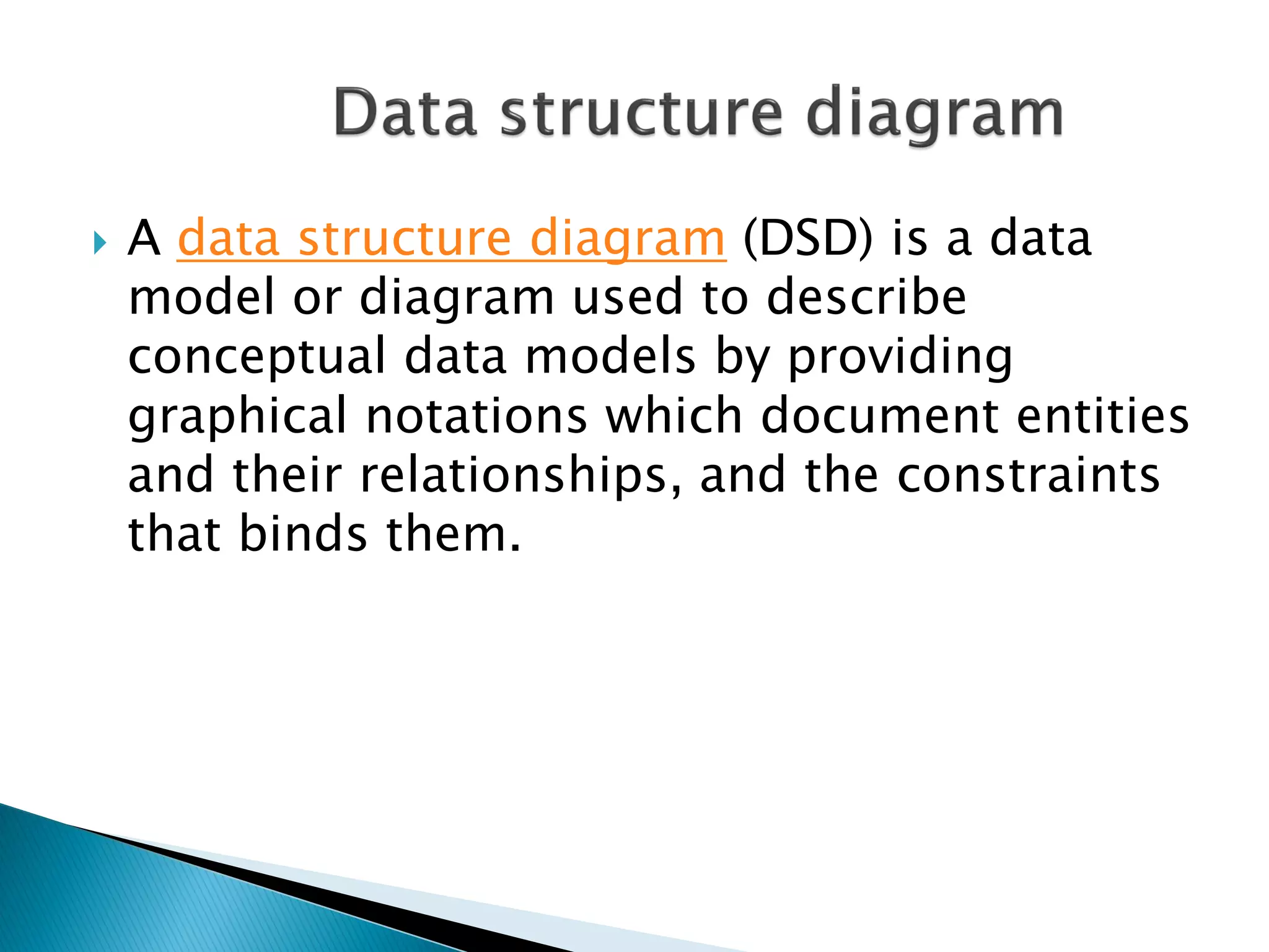   A data structure diagram (DSD) is a data
    model or diagram used to describe
    conceptual data models by providing
    graphical notations which document entities
    and their relationships, and the constraints
    that binds them.
 