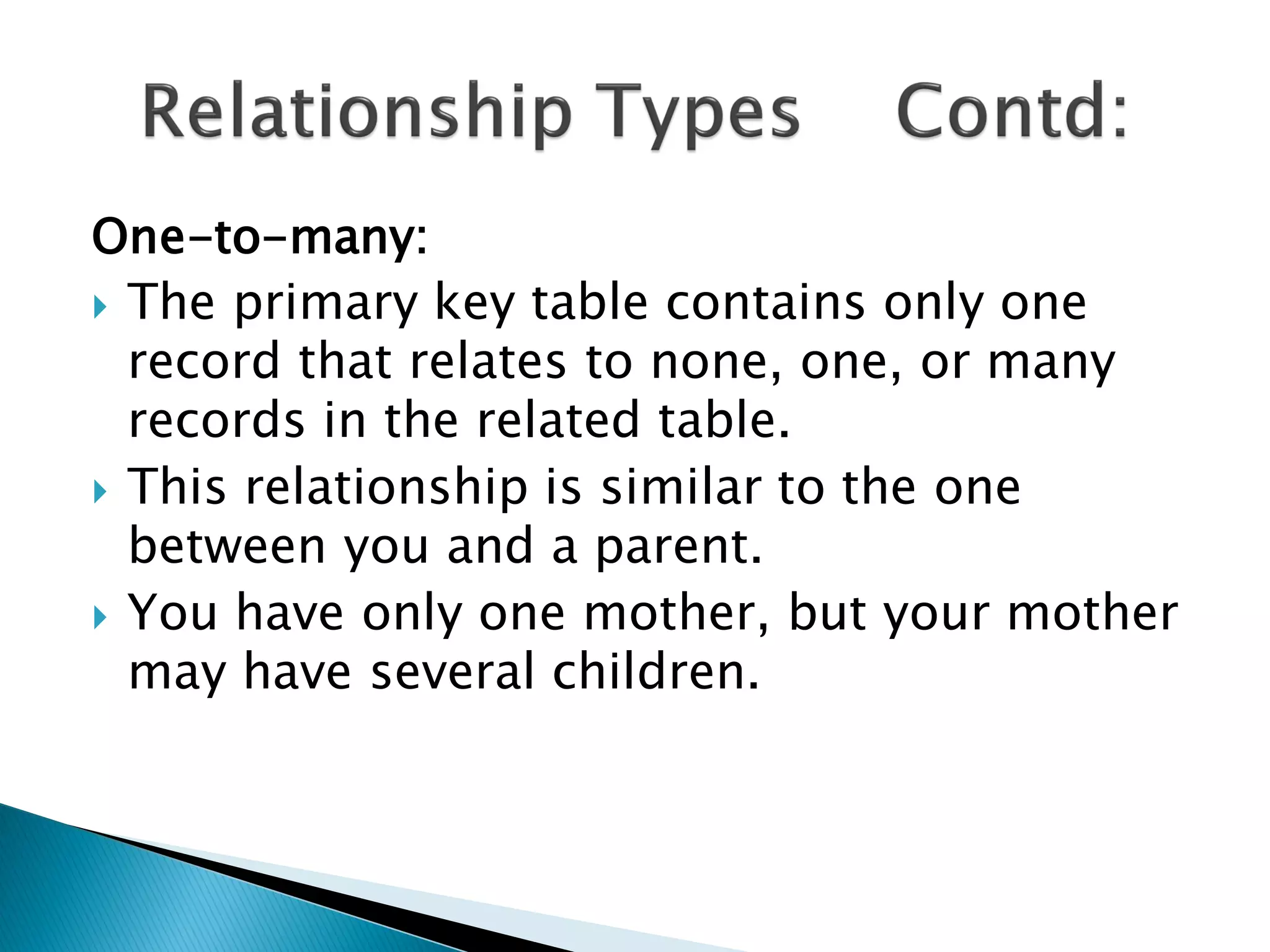 One-to-many:
 The primary key table contains only one
  record that relates to none, one, or many
  records in the related table.
 This relationship is similar to the one
  between you and a parent.
 You have only one mother, but your mother
  may have several children.
 