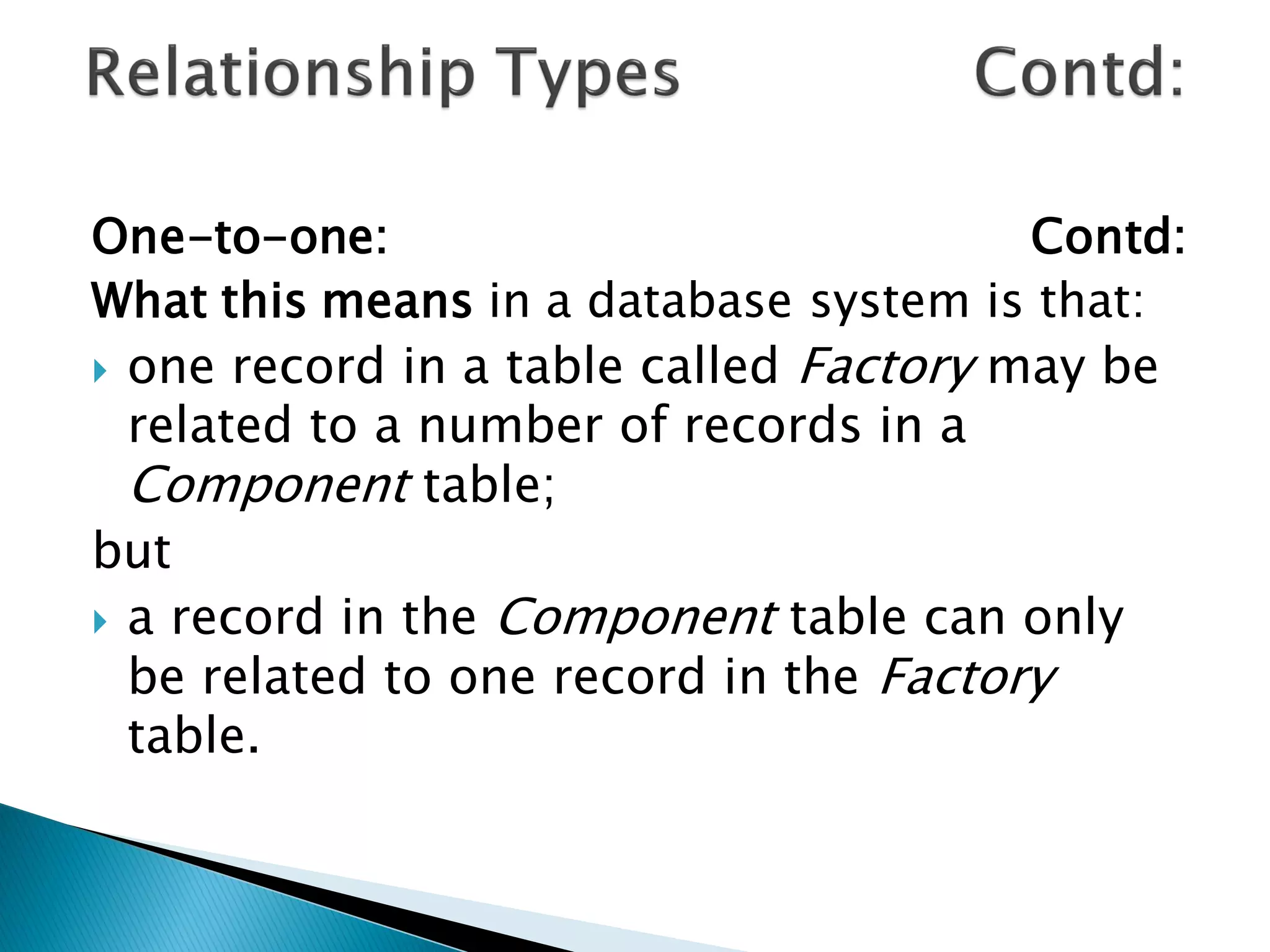 One-to-one:                             Contd:
What this means in a database system is that:
 one record in a table called Factory may be
  related to a number of records in a
  Component table;
but
 a record in the Component table can only
  be related to one record in the Factory
  table.
 