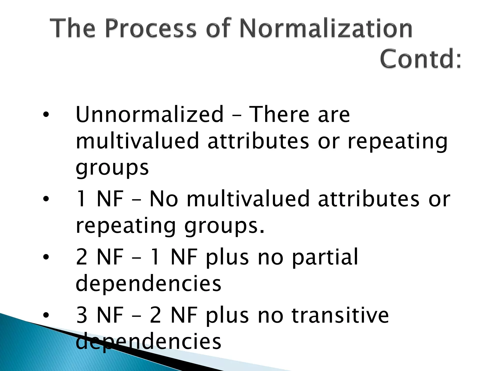 •   Unnormalized – There are
    multivalued attributes or repeating
    groups
•   1 NF – No multivalued attributes or
    repeating groups.
•   2 NF – 1 NF plus no partial
    dependencies
•   3 NF – 2 NF plus no transitive
    dependencies
 