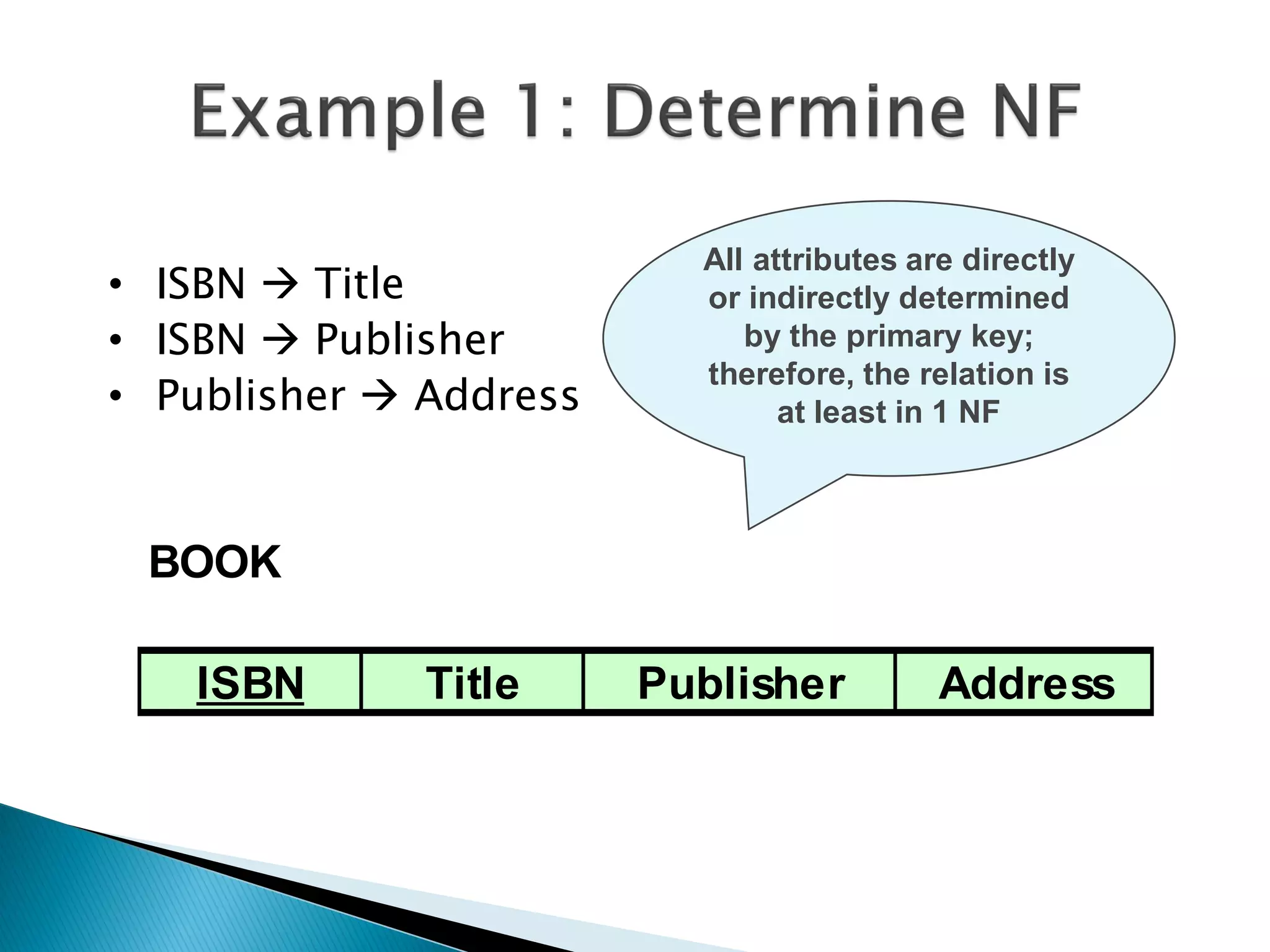 All attributes are directly
• ISBN  Title            or indirectly determined
• ISBN  Publisher           by the primary key;
                          therefore, the relation is
• Publisher  Address           at least in 1 NF



 BOOK

   ISBN       Title     Publisher          Address
 