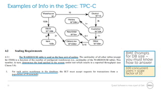11 Quest Software is now a part of Dell
Examples of Info in the Spec: TPC-C
BMF Prompts
for DB size –
you must know
how to answer
100 concurrent
users = scale
factor of 10
 