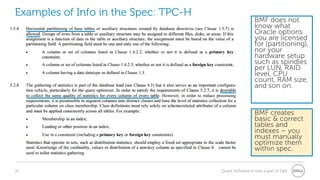12 Quest Software is now a part of Dell
Examples of Info in the Spec: TPC-H
BMF does not
know what
Oracle options
you are licensed
for (partitioning),
nor your
hardware setup
such as spindles
per LUN, RAID
level, CPU
count, RAM size,
and son on.
BMF creates
basic & correct
tables and
indexes – you
must manually
optimize them
within spec.
 