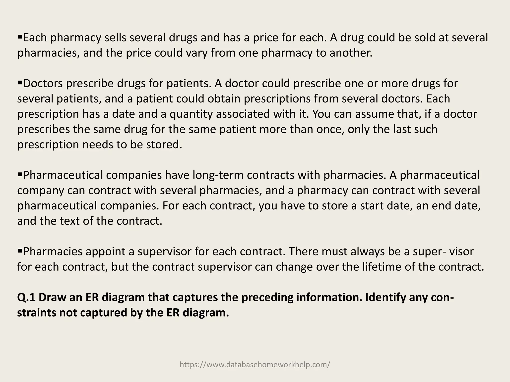 https://www.databasehomeworkhelp.com/
Each pharmacy sells several drugs and has a price for each. A drug could be sold at several
pharmacies, and the price could vary from one pharmacy to another.
Doctors prescribe drugs for patients. A doctor could prescribe one or more drugs for
several patients, and a patient could obtain prescriptions from several doctors. Each
prescription has a date and a quantity associated with it. You can assume that, if a doctor
prescribes the same drug for the same patient more than once, only the last such
prescription needs to be stored.
Pharmaceutical companies have long-term contracts with pharmacies. A pharmaceutical
company can contract with several pharmacies, and a pharmacy can contract with several
pharmaceutical companies. For each contract, you have to store a start date, an end date,
and the text of the contract.
Pharmacies appoint a supervisor for each contract. There must always be a super- visor
for each contract, but the contract supervisor can change over the lifetime of the contract.
Q.1 Draw an ER diagram that captures the preceding information. Identify any con-
straints not captured by the ER diagram.
 