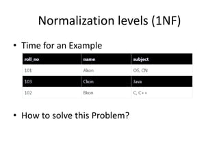 Normalization levels (1NF)
• Time for an Example
• How to solve this Problem?
 