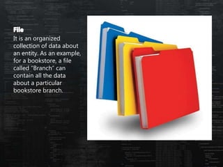 It is an organized
collection of data about
an entity. As an example,
for a bookstore, a file
called “Branch” can
contain all the data
about a particular
bookstore branch.
 