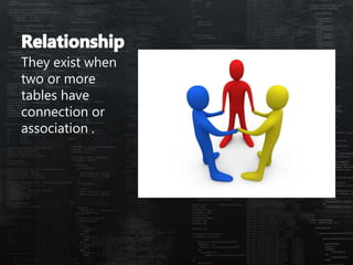 They exist when
two or more
tables have
connection or
association .
 
