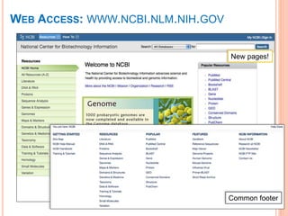 WEB ACCESS: WWW.NCBI.NLM.NIH.GOV
New Homepage
Common footer
New pages!
 