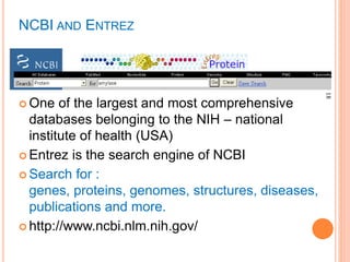 18
NCBI AND ENTREZ
 One of the largest and most comprehensive
databases belonging to the NIH – national
institute of health (USA)
 Entrez is the search engine of NCBI
 Search for :
genes, proteins, genomes, structures, diseases,
publications and more.
 http://www.ncbi.nlm.nih.gov/
 
