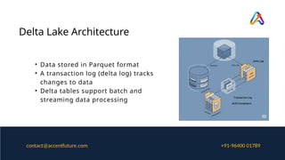 Delta Lake Architecture
• Data stored in Parquet format
• A transaction log (delta log) tracks
changes to data
• Delta tables support batch and
streaming data processing
+91-96400 01789
contact@accentfuture.com
 