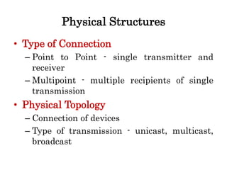 Physical Structures
• Type of Connection
– Point to Point - single transmitter and
receiver
– Multipoint - multiple recipients of single
transmission
• Physical Topology
– Connection of devices
– Type of transmission - unicast, multicast,
broadcast
 