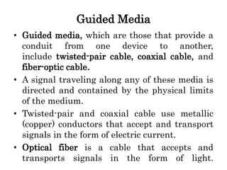 Guided Media
• Guided media, which are those that provide a
conduit from one device to another,
include twisted-pair cable, coaxial cable, and
fiber-optic cable.
• A signal traveling along any of these media is
directed and contained by the physical limits
of the medium.
• Twisted-pair and coaxial cable use metallic
(copper) conductors that accept and transport
signals in the form of electric current.
• Optical fiber is a cable that accepts and
transports signals in the form of light.
 