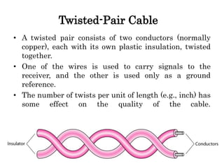 Twisted-Pair Cable
• A twisted pair consists of two conductors (normally
copper), each with its own plastic insulation, twisted
together.
• One of the wires is used to carry signals to the
receiver, and the other is used only as a ground
reference.
• The number of twists per unit of length (e.g., inch) has
some effect on the quality of the cable.
 