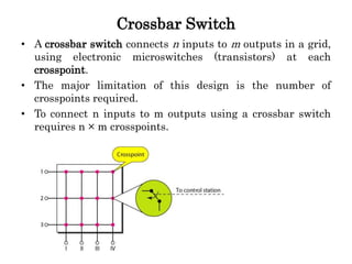 Crossbar Switch
• A crossbar switch connects n inputs to m outputs in a grid,
using electronic microswitches (transistors) at each
crosspoint.
• The major limitation of this design is the number of
crosspoints required.
• To connect n inputs to m outputs using a crossbar switch
requires n × m crosspoints.
 