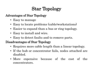 Star Topology
Advantages of Star Topology
• Easy to manage
• Easy to locate problems (cable/workstations)
• Easier to expand than a bus or ring topology.
• Easy to install and wire.
• Easy to detect faults and to remove parts.
Disadvantages of Star Topology
• Requires more cable length than a linear topology.
• If the hub or concentrator fails, nodes attached are
disabled.
• More expensive because of the cost of the
concentrators.
 
