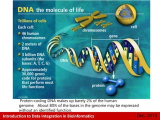 DNA the molecule of life

Protein-coding DNA makes up barely 2% of the human
genome, About 80% of the bases in the genome may be expressed
without an identified function.

Introduction to Data Integration in Bioinformatics

Dec. 2013

 