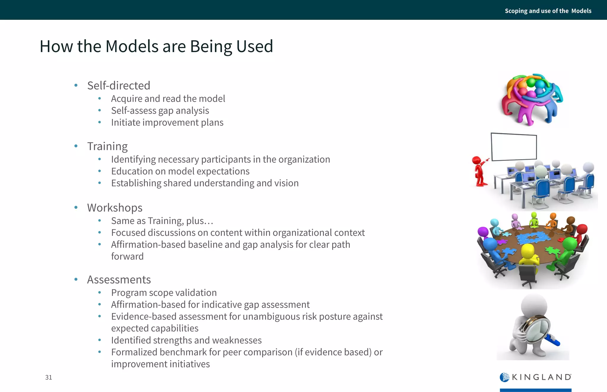 31
Scoping and use of the Models
How the Models are Being Used
• Workshops
• Same as Training, plus…
• Focused discussions on content within organizational context
• Affirmation-based baseline and gap analysis for clear path
forward
• Assessments
• Program scope validation
• Affirmation-based for indicative gap assessment
• Evidence-based assessment for unambiguous risk posture
against expected capabilities
• Identified strengths and weaknesses
• Formalized benchmark for peer comparison (if evidence
based) or improvement initiatives
• Training
• Identifying necessary participants in the organization
• Education on model expectations
• Establishing shared understanding and vision
• Self-directed
• Acquire and read the model
• Self-assess gap analysis
• Initiate improvement plans
 