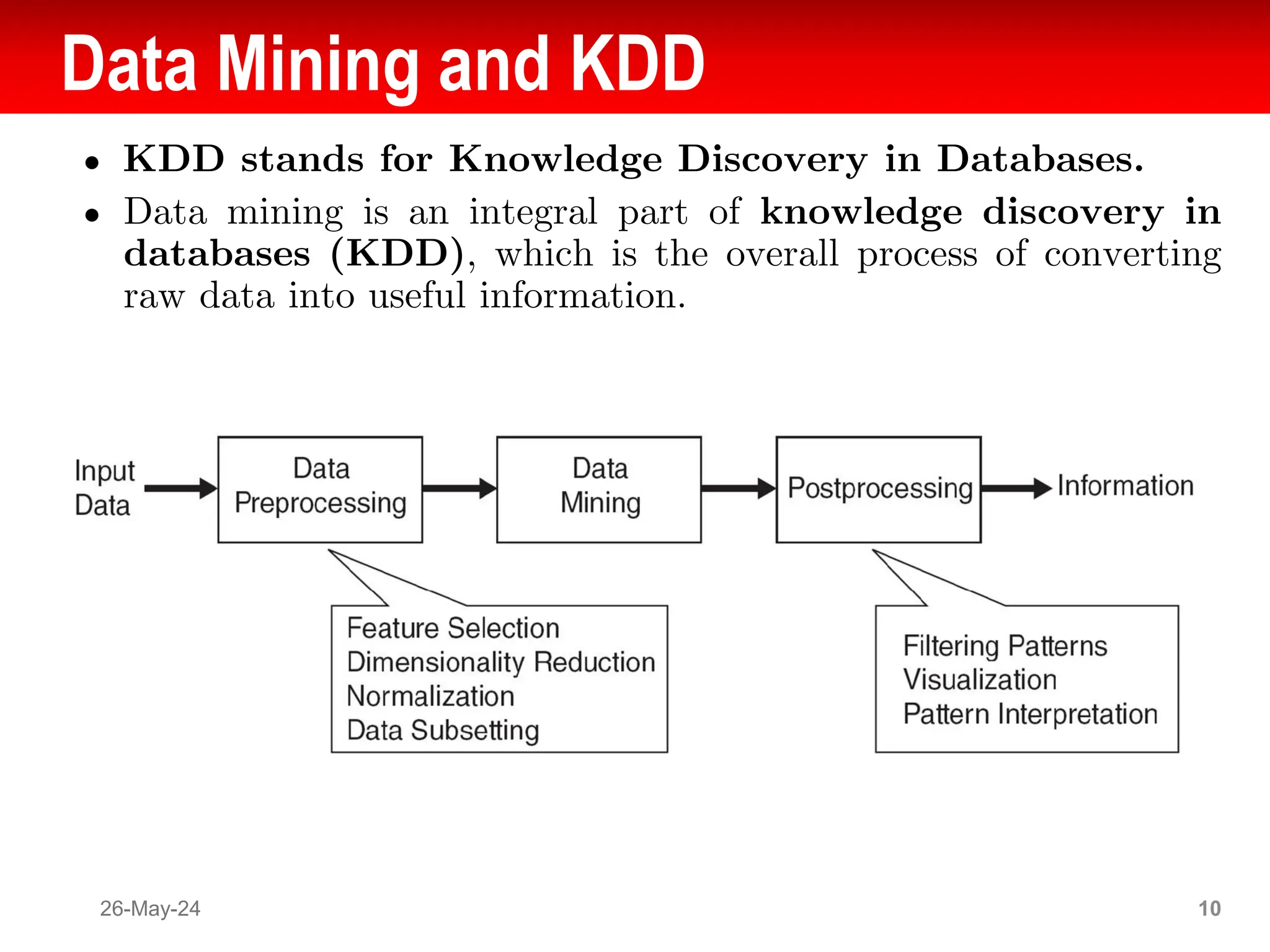 Data Mining and KDD
● KDD stands for Knowledge Discovery in Databases.
● Data mining is an integral part of knowledge discovery in
databases (KDD), which is the overall process of converting
raw data into useful information.
26-May-24 10
 