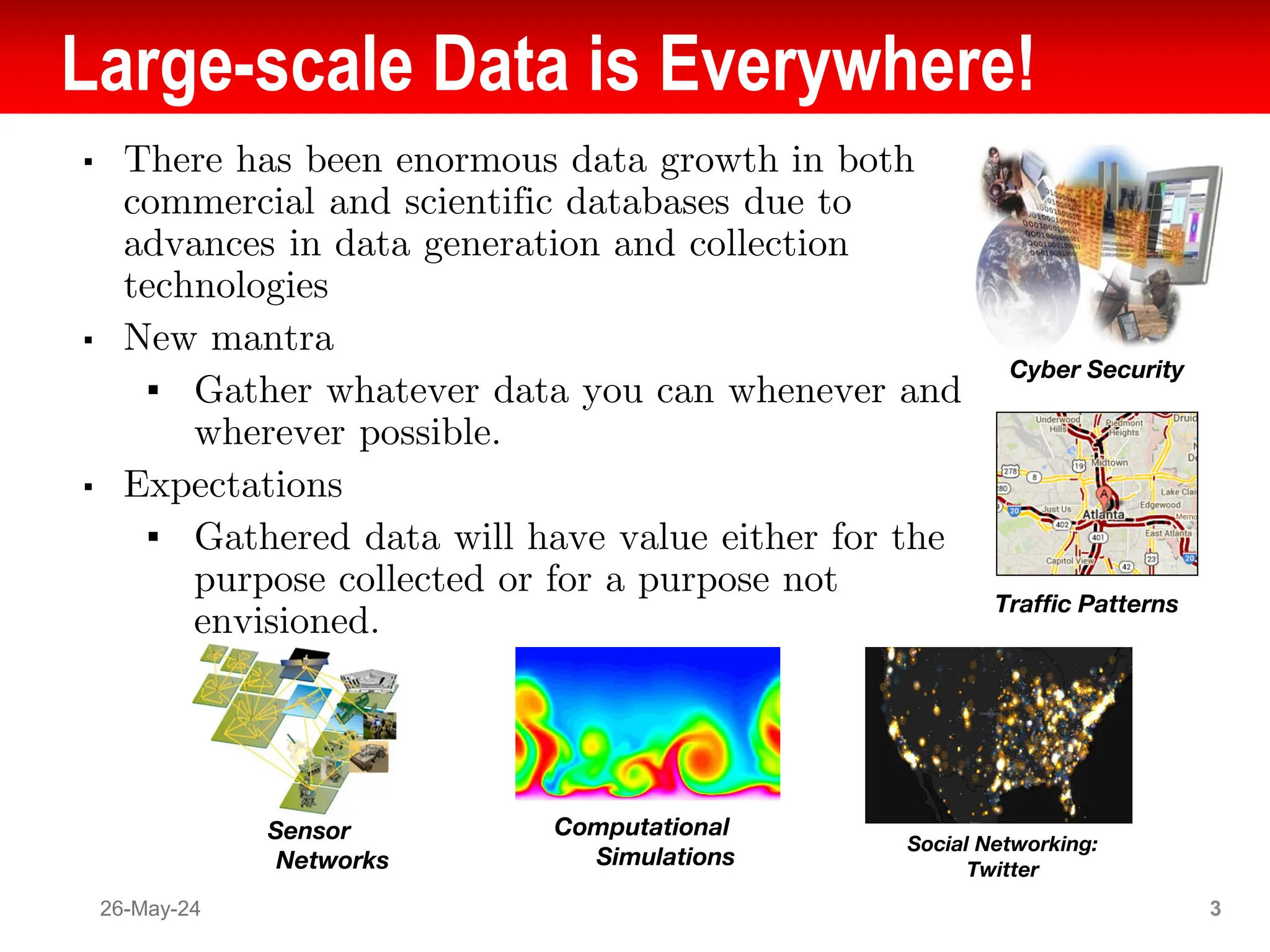 Large-scale Data is Everywhere!
▪ There has been enormous data growth in both
commercial and scientific databases due to
advances in data generation and collection
technologies
▪ New mantra
▪ Gather whatever data you can whenever and
wherever possible.
▪ Expectations
▪ Gathered data will have value either for the
purpose collected or for a purpose not
envisioned.
26-May-24 3
Computational
Simulations
Social Networking:
Twitter
Sensor
Networks
Traffic Patterns
Cyber Security
 