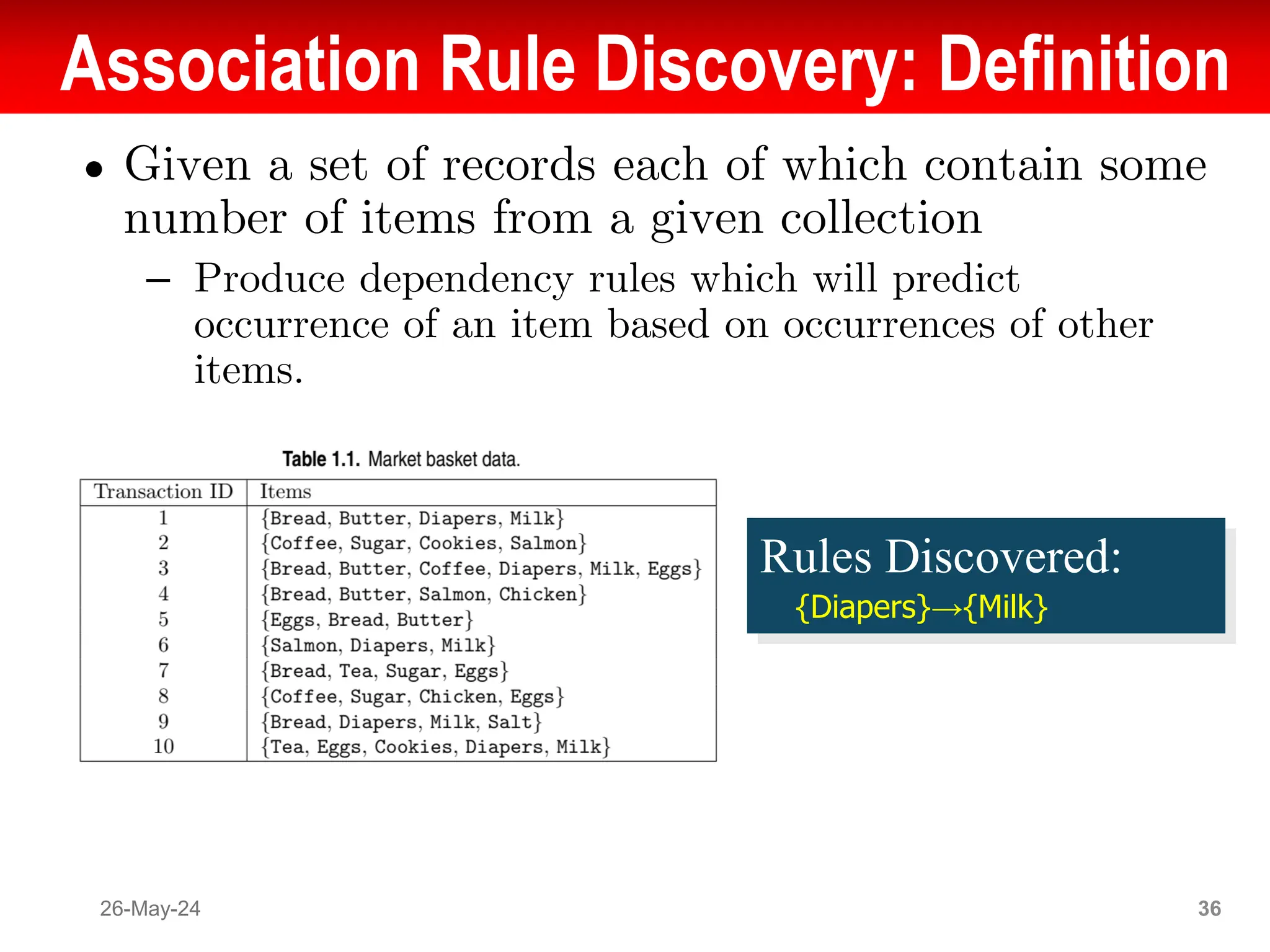 Association Rule Discovery: Definition
● Given a set of records each of which contain some
number of items from a given collection
– Produce dependency rules which will predict
occurrence of an item based on occurrences of other
items.
26-May-24 36
Rules Discovered:
{Diapers}→{Milk}
 