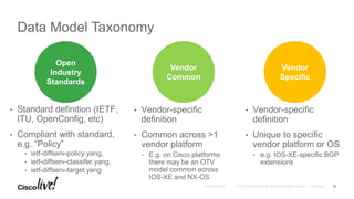 Data Model Taxonomy
10
• Standard definition (IETF,
ITU, OpenConfig, etc)
• Compliant with standard,
e.g. “Policy”
• ietf-diffserv-policy.yang,
• ietf-diffserv-classifer.yang,
• ietf-diffserv-target.yang
Open
Industry
Standards
• Vendor-specific
definition
• Common across >1
vendor platform
• E.g. on Cisco platforms
there may be an OTV
model common across
IOS-XE and NX-OS
Vendor
Common
• Vendor-specific
definition
• Unique to specific
vendor platform or OS
• e.g. IOS-XE-specific BGP
extensions
Vendor
Specific
 
