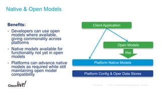 Benefits:
 Developers can use open
models where available,
giving commonality across
platforms
 Native models available for
functionality not yet in open
models
 Platforms can advance native
models as required while still
maintaining open model
compatibility
Native & Open Models
Open Models
Platform Native Models
Platform Config & Oper Data Stores
Map
Client Application
 