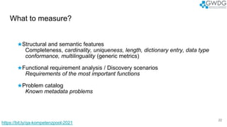 What to measure?
22
★Structural and semantic features
Completeness, cardinality, uniqueness, length, dictionary entry, data type
conformance, multilinguality (generic metrics)
★Functional requirement analysis / Discovery scenarios
Requirements of the most important functions
★Problem catalog
Known metadata problems
https://bit.ly/qa-kompetenzpool-2021
 