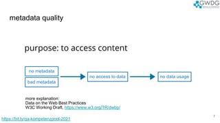 metadata quality
7
purpose: to access content
no metadata
no access to data no data usage
more explanation:
Data on the Web Best Practices
W3C Working Draft, https://www.w3.org/TR/dwbp/
bad metadata
https://bit.ly/qa-kompetenzpool-2021
 