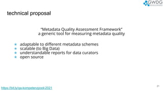 technical proposal
21
“Metadata Quality Assessment Framework”
a generic tool for measuring metadata quality
★ adaptable to...