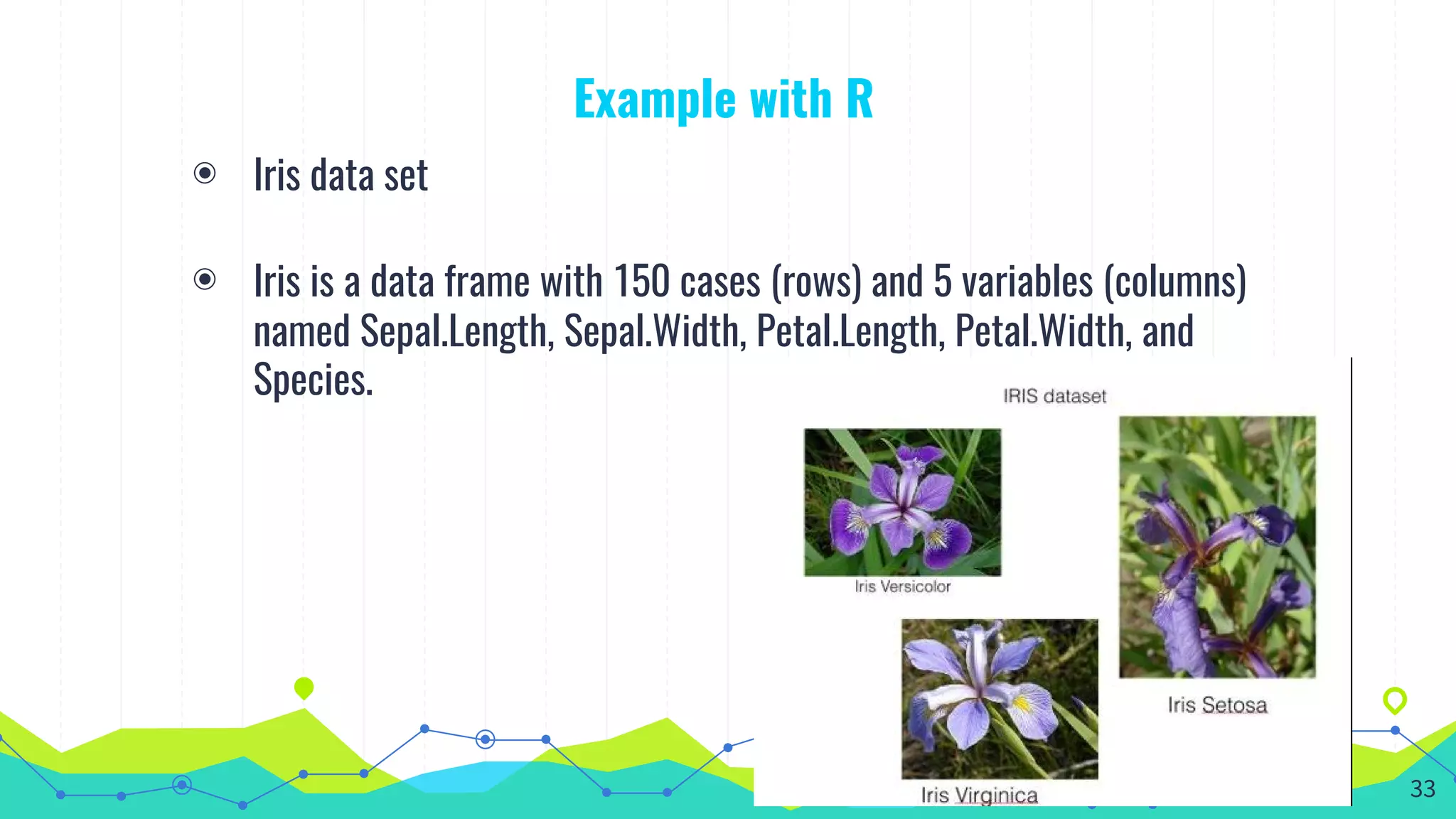Example with R
◉ Iris data set
◉ Iris is a data frame with 150 cases (rows) and 5 variables (columns)
named Sepal.Length, Sepal.Width, Petal.Length, Petal.Width, and
Species.
33
 