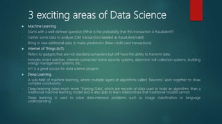 3 exciting areas of Data Science
 Machine Learning:
- Starts with a well-defined question (What is the probability that this transaction is fraudulent?)
- Gather some data to analyze (Old transactions labeled as fraudulent/valid)
- Bring in new additional data to make predictions (New credit card transactions)
 Internet of Things (IoT):
- Refers to gadgets that are not standard computers but still have the ability to transmit data.
- Includes smart watches, internet-connected home security systems, electronic toll collection systems, building
energy management systems, etc.
- IoT is a great source for data science projects.
 Deep Learning:
- A sub-field of machine learning, where multiple layers of algorithms called ‘Neurons’ work together to draw
complex conclusions.
- Deep learning takes much more ‘Training Data’, which are records of data used to build an algorithm, than a
traditional machine learning model and is also able to learn relationships that traditional models cannot.
- Deep learning is used to solve data-intensive problems such as image classification or language
understanding.
 