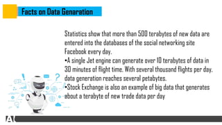 Facts on Data Genaration
Statistics show that more than 500 terabytes of new data are
entered into the databases of the social networking site
Facebook every day.
•A single Jet engine can generate over 10 terabytes of data in
30 minutes of flight time. With several thousand flights per day,
data generation reaches several petabytes.
•Stock Exchange is also an example of big data that generates
about a terabyte of new trade data per day
 