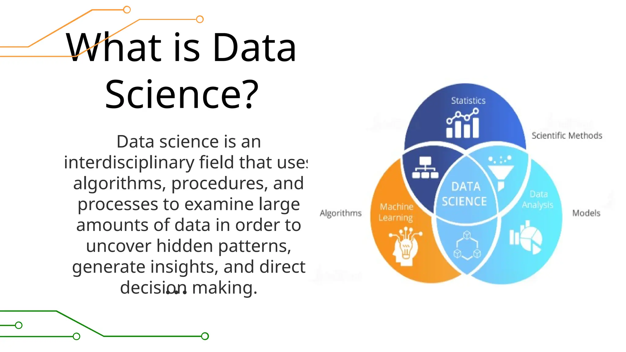 What is Data
Science?
Data science is an
interdisciplinary field that uses
algorithms, procedures, and
processes to examine large
amounts of data in order to
uncover hidden patterns,
generate insights, and direct
decision making.
 