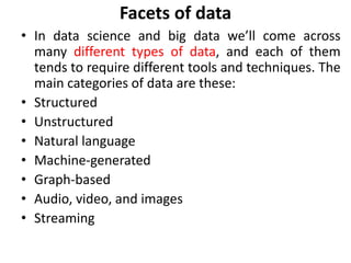 Facets of data
• In data science and big data we’ll come across
many different types of data, and each of them
tends to require different tools and techniques. The
main categories of data are these:
• Structured
• Unstructured
• Natural language
• Machine-generated
• Graph-based
• Audio, video, and images
• Streaming
 