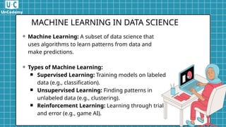 ⚬ Machine Learning: A subset of data science that
uses algorithms to learn patterns from data and
make predictions.
⚬ Types of Machine Learning:
￭ Supervised Learning: Training models on labeled
data (e.g., classification).
￭ Unsupervised Learning: Finding patterns in
unlabeled data (e.g., clustering).
￭ Reinforcement Learning: Learning through trial
and error (e.g., game AI).
MACHINE LEARNING IN DATA SCIENCE
 