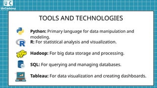 TOOLS AND TECHNOLOGIES
Python: Primary language for data manipulation and
modeling.
R: For statistical analysis and visualization.
SQL: For querying and managing databases.
Hadoop: For big data storage and processing.
Tableau: For data visualization and creating dashboards.
 