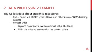 You Collect data about students' test scores.
• But → Some left SCORE scores blank, and others wrote "N/A” (Missing
Values).
• Process Data
• Replace "N/A" entries with a neutral value like 0 and
• Fill in the missing scores with the correct value
19
2. DATA PROCESSING: EXAMPLE
 