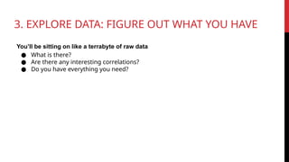 3. EXPLORE DATA: FIGURE OUT WHAT YOU HAVE
You’ll be sitting on like a terrabyte of raw data
● What is there?
● Are there any interesting correlations?
● Do you have everything you need?
 